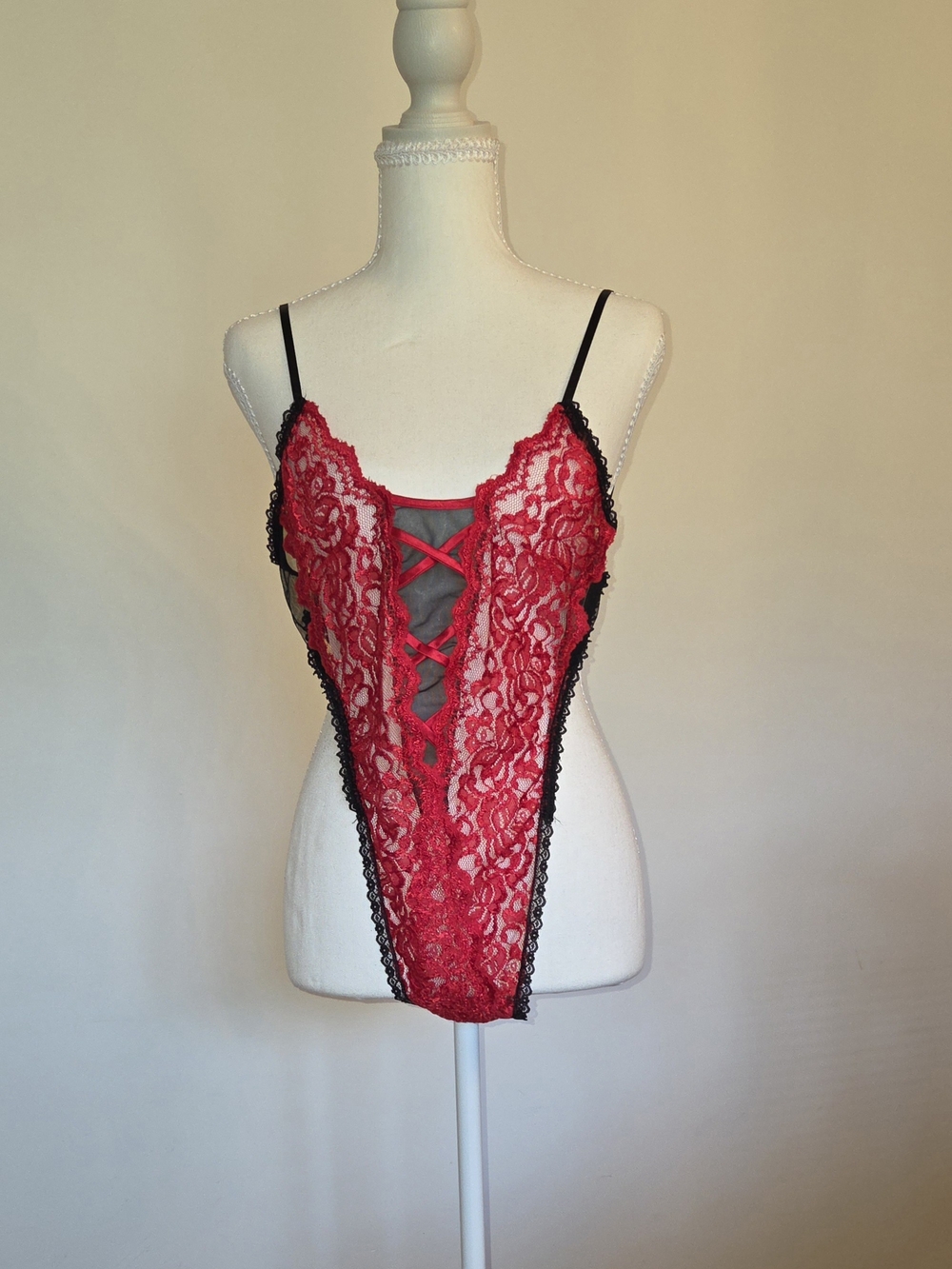 Red Lace Strappy One Piece Nighty with Black Trim